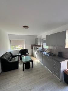 a kitchen and living room with a couch and a table at Ranczo Ryki in Nowy Dwór Gdański