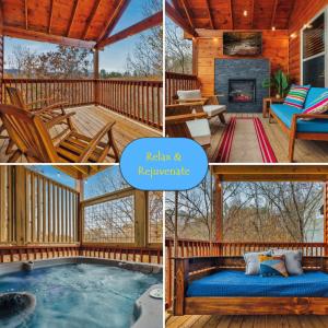 a collage of pictures of a porch with a hot tub at cul-de-sac Cabin on Parkway, 2King Beds & Bunk Beds, Hot Tub, Arcade Games in Pigeon Forge