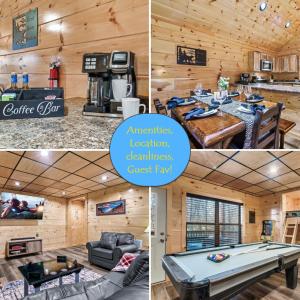 a collage of photos of a cabin with a pool table at cul-de-sac Cabin on Parkway, 2King Beds & Bunk Beds, Hot Tub, Arcade Games in Pigeon Forge