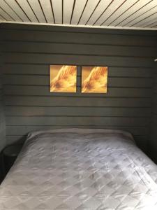 a bedroom with two windows above a bed at Stuga Pörsvik in Nauvo
