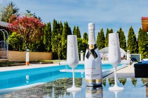 a bottle of champagne in wine glasses next to a swimming pool at 5 Sterne Centurion Ferienhaus Villa 2 Pools 86 Zoll TV in Aldersbach