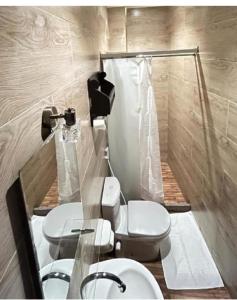 e bagno con servizi igienici, lavandino e doccia. di Mina Alsalam Hotel فندق ميناء السلام a Il Cairo