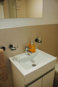 un lavandino in bagno con una bottiglia d'arancia sopra di Acacia a Mendoza