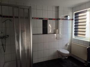 ein Bad mit einem WC und einer Glasdusche in der Unterkunft Naturerlebnis Ferienhaus in Neunkirchen