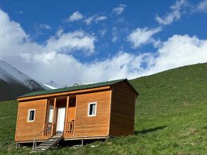 eine Holzhütte auf einem Hügel mit Grashang in der Unterkunft amo-isuntke in Juta