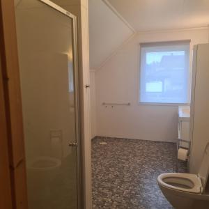 uma casa de banho com um WC e uma porta de duche em vidro. em GG overnatting em Stavanger