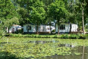 KinrooiにあるVakantiehuis Hoge Kempen - 25 minuten Roermond, Maasmechelen & Maastrichtの家屋を背景にした湖の景色