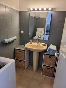 bagno con lavandino e specchio di Studio bord de mer - Plage - Piscine - Wifi a Santa-Lucia-di-Moriani