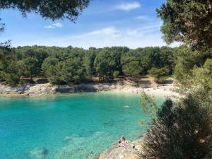 a view of a beach with people in the water at Apartman Neva ,prostrani stan u blizini mora in Pula