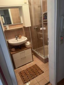 KönigstädtenにあるHelle, komfortabel und zentral gelegene Wohnungの洗面台とシャワー付きのバスルーム