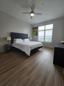 1 dormitorio con 1 cama y ventilador de techo en 2bdrm/2 King beds/1Air mattress en Dallas