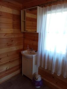 baño con lavabo y cortina de ducha en Turystyka Mazury Justyna, en Wydminy