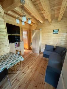 een woonkamer met een blauwe bank en houten wanden bij Turystyka Mazury Justyna in Wydminy
