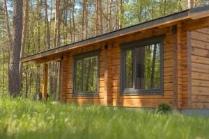 a log cabin with two windows in the grass at Miško namelis - mieste in Utena