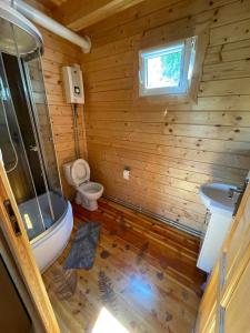 een houten badkamer met een toilet en een wastafel bij Turystyka Mazury Justyna in Wydminy