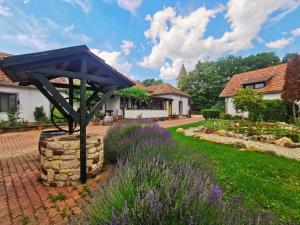 a garden with purple flowers in front of a house at Vidéki Ház in Tagyon