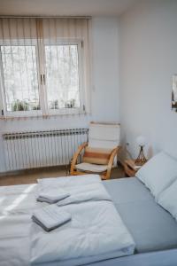 a bedroom with two beds and a chair and a window at MASAL Studio Apartman in Bihać