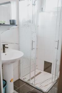 a glass shower in a bathroom with a sink at MASAL Studio Apartman in Bihać +29 photos