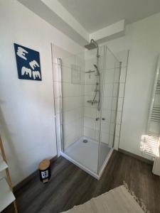 a bathroom with a shower with a glass door at FeWo Krabbe in Wilhelmshaven