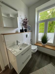a bathroom with a sink and a toilet and a mirror at FeWo Krabbe in Wilhelmshaven
