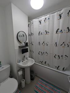 uma casa de banho com uma cortina de chuveiro, um WC e um lavatório. em Ali's Flat em Londres