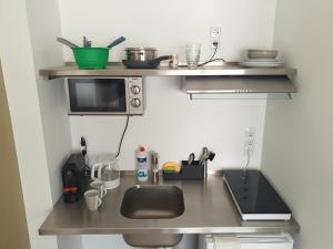 a kitchen counter with a sink and a microwave at Aparthotel Sanni in Bremen