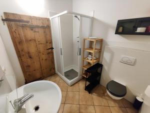 a bathroom with a shower and a white sink at Rustico del Bozzo in Castelleone di Suasa