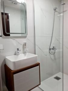 a bathroom with a sink and a shower with a mirror at Garden Apartments in Ulcinj