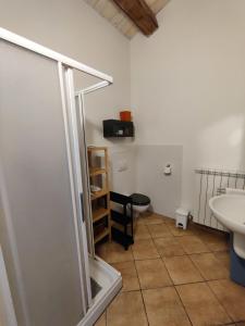 a bathroom with a shower and a toilet and a sink at Rustico del Bozzo in Castelleone di Suasa