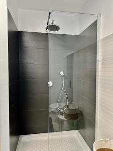 a shower with a glass door in a bathroom at Waincris spa in Stolniceni-Prăjescu