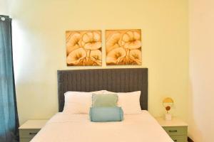 1 dormitorio con 1 cama con 2 cuadros en la pared en Comfy & Cozy Apartment in Col Escalon, en San Salvador