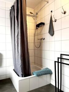 uma casa de banho com um chuveiro e uma banheira em 3-Zimmerwohnung, 2 Bäder, Büsum (4km), Nordsee em Oesterdeichstrich