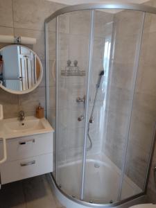 W łazience znajduje się prysznic ze szklanymi drzwiami. w obiekcie Jurajska Chata w mieście Bobolice