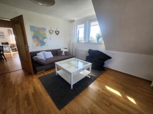 ein Wohnzimmer mit einem Sofa und einem Couchtisch in der Unterkunft Querenhorst, Unterkunft am Feld in Querenhorst