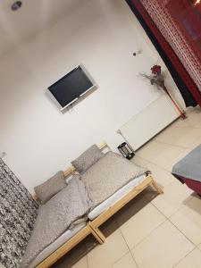 een kamer met een bank en een tv aan de muur bij Apartament JOSEFIN in Timişoara