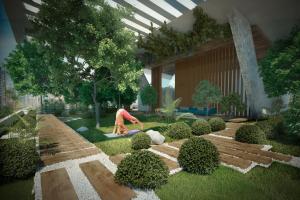 a rendering of a garden with a woman working in the yard at Departamento con piscina y vistas hermosas in Cochabamba