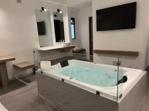 een badkamer met een groot bad en een tv. bij Hotel Blanco Pachuca in Pachuca de Soto
