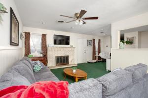 uma sala de estar com um sofá e uma lareira em Pet-friendly 3br 2ba with huge, fenced yard! em Amarillo