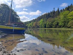 a boat is docked on a river with trees at 5 Main Street in Llangwm