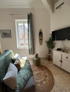un soggiorno con divano e TV a schermo piatto di Duplex a 2 pas de la vielle ville d Avignon ad Avignone