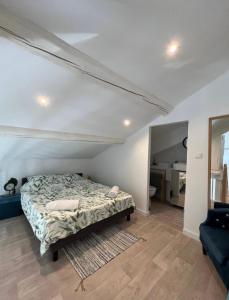 una camera da letto con un letto in una stanza di Duplex a 2 pas de la vielle ville d Avignon ad Avignone