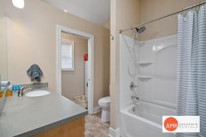 a bathroom with a sink and a toilet and a shower at Downtown Holland Charmer in Holland +29 photos