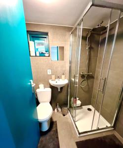 a bathroom with a shower and a toilet and a sink at Cozy Ibiza style beach house with jacuzzi & private garden near Amsterdam in Vijfhuizen