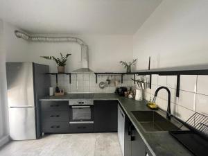 バニャ・ルカにあるAlex apartmentのグレーのカウンターとステンレス製の器具を備えたキッチン +3枚の写真