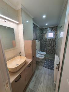 uma casa de banho com um lavatório e um WC em Apartament Tecuci lux em Tecuci
