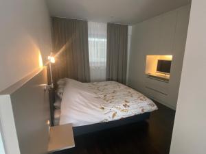 科隆Luxurious apartment in high class building Kranhaus in Cologne的一间有床和窗户的小卧室