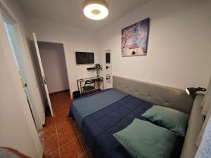 een kleine slaapkamer met een bed en een televisie bij La concha in La Laguna