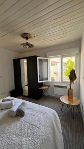 梅里尼亚克La petite Maison Mérignac jardin privé的带床、桌子和窗户的卧室