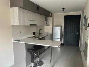 a kitchen with a white counter and a refrigerator at Departamento Estudio, entero in Temuco +6 photos