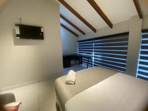 ein Schlafzimmer mit einem Bett und einem TV in einem Zimmer in der Unterkunft Amaca Hostal in Santa Cruz de la Sierra